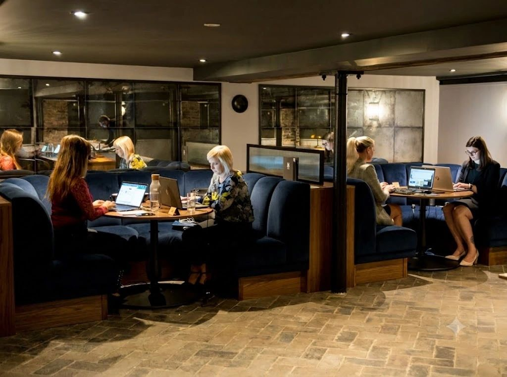 People working from booth seating at YourHQ